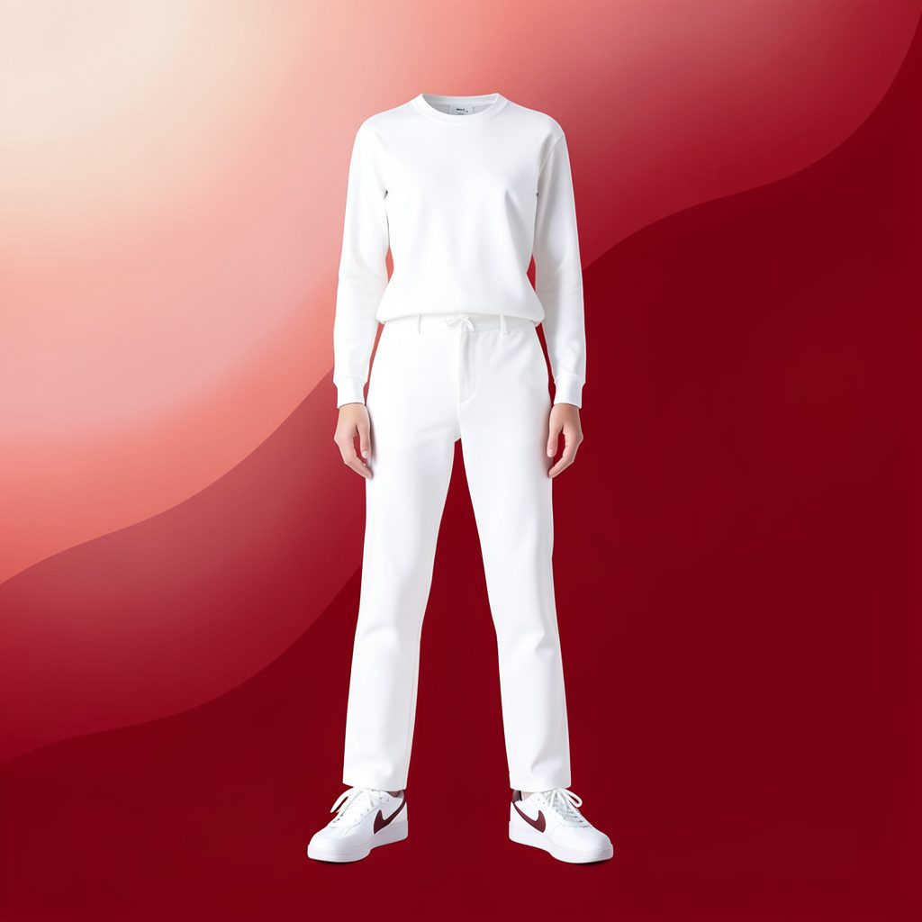 All-white outfit ensemble with Louis Vuitton and H&M pieces paired with Nike sneakers, styled against a bright, clean backdrop.